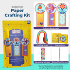 Beginner Paper Crafting Kit with colorful bookmarks, quilling strips, and gemstone stickers on a blue background.
Beginner paper crafting kit overview showing bookmarks, quilling strips, tools, and instructions.
