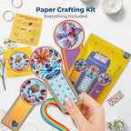 Paper crafting kit with colorful designs on a white surface
Top-down view of paper crafting kit with bookmarks, tools, and colorful quilling strips.
